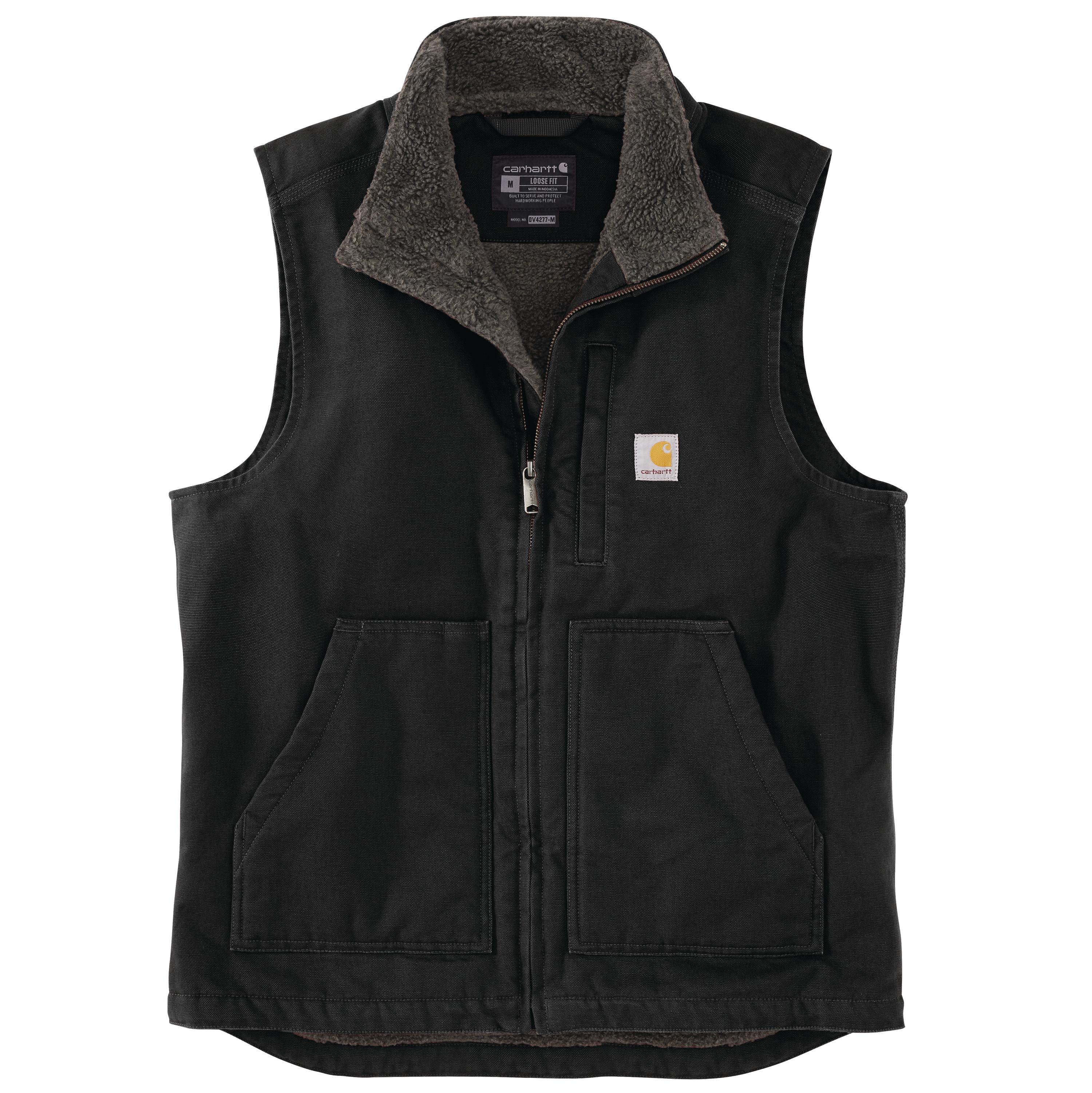 LOOSE FIT WASHED DUCK SHERPA-LINED MOCK-NECK VEST: BLACK