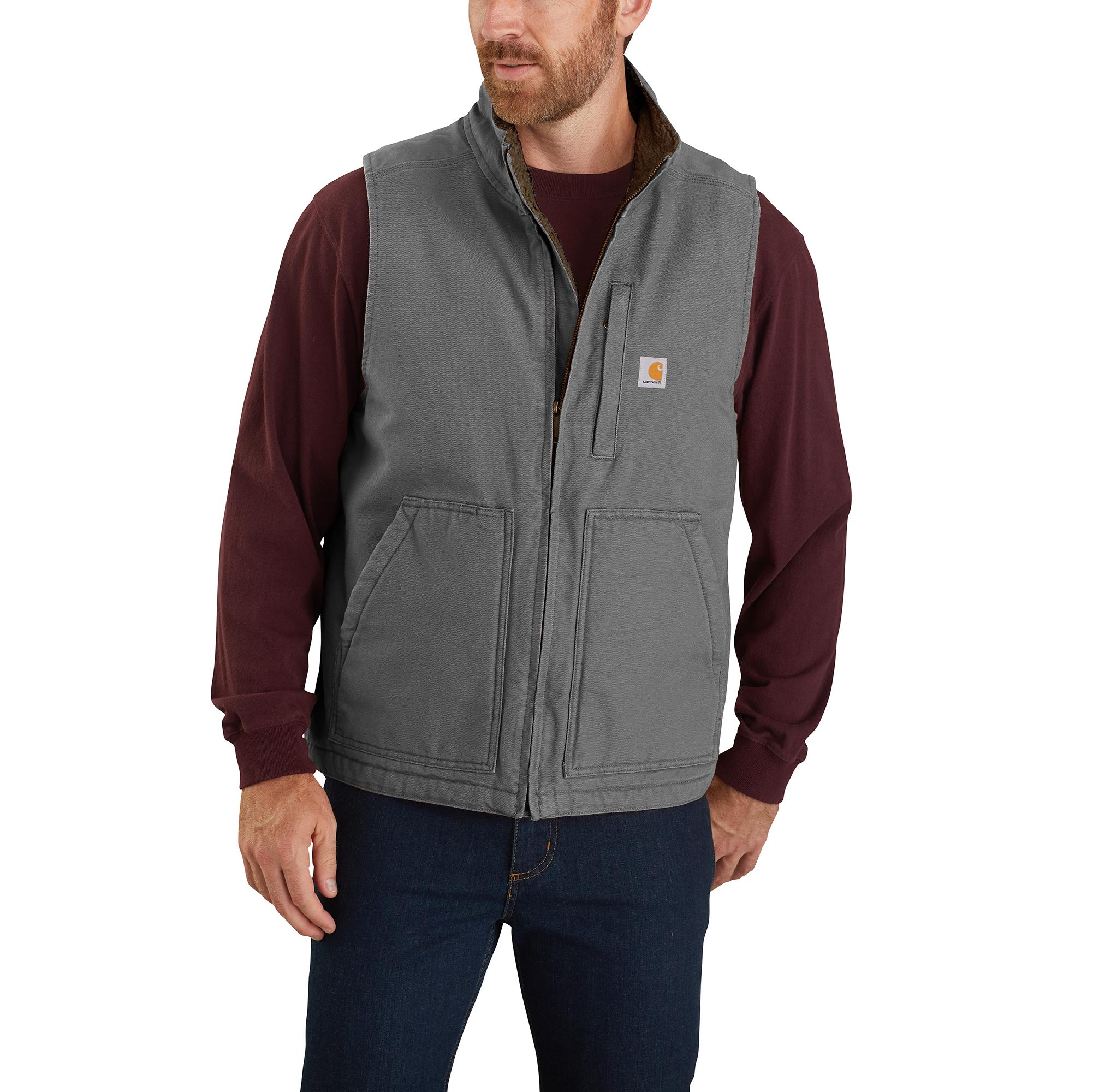 LOOSE FIT WASHED DUCK SHERPA-LINED MOCK-NECK VEST: GRAVEL