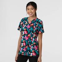 Fashion Prints Fitted 3-Pocket V-Neck Print Scrub Top: WFWDFLORAL